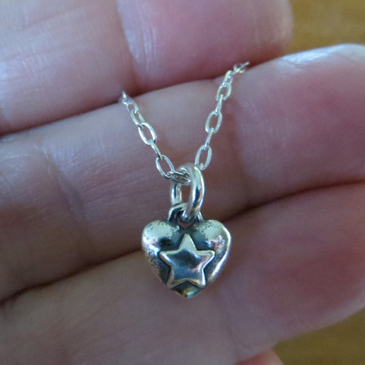 Silver Puffy Heart & Star Charm Necklace